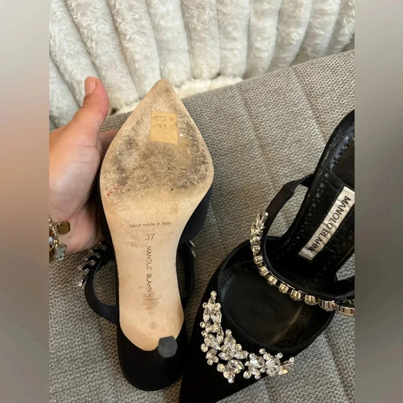 Manolo Blahnik Women's Black Lurum Embellished Mule Shoe Sz US 7/EU 37 - Picture 7 of 11